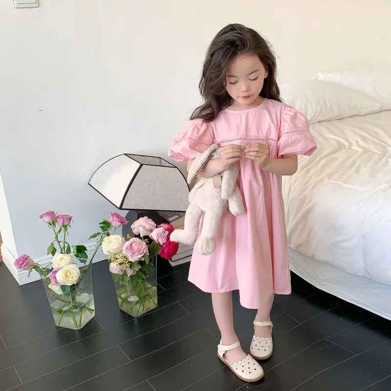 Girls Dress Holiday Style Sweet Bubble Sleeve 2-8Years Old Yellow Pink Knee-length Children's Clothing Princess Dresses