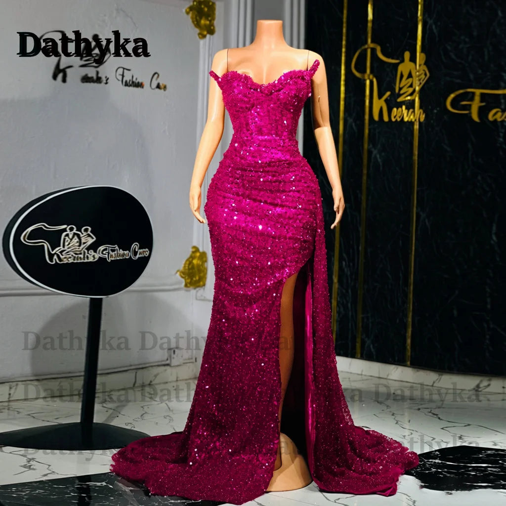 Dathyka Fashionable Crystals Prom Dresses for Women Sequin Mermaid Slit Pleat Strapless Evening Gown Vestidos De Gala Customized
