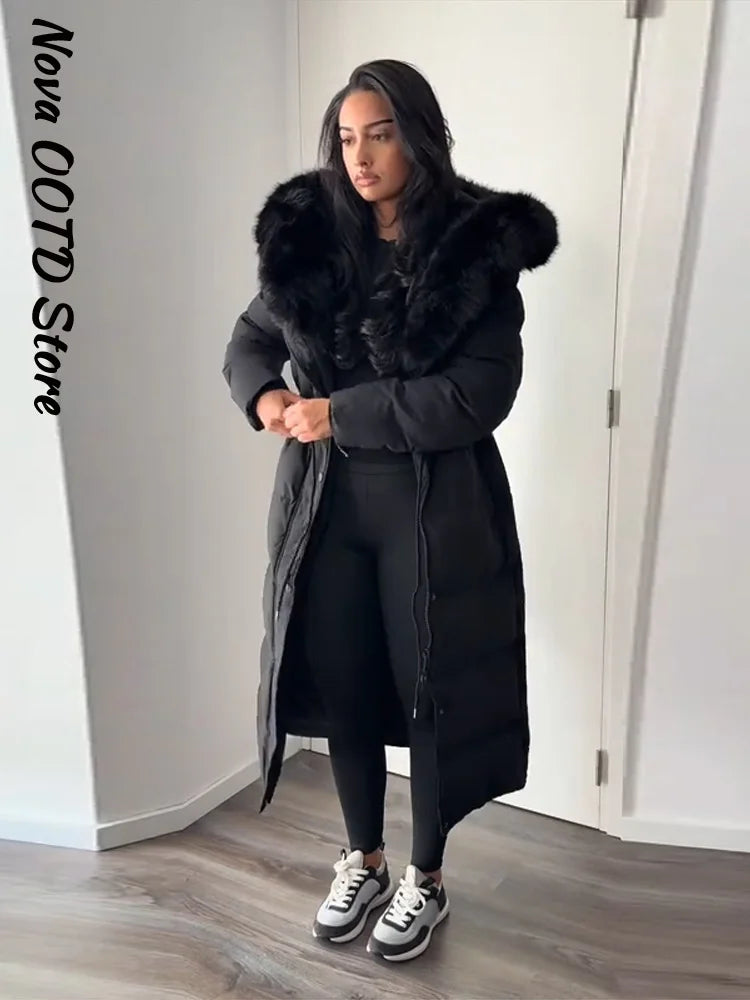 Elegant Fur Collar Hood Belt Long Cotton Jacket Women Zipper Drawstring Waist Parka Down Coat 2025 Winter Lady Warm Chic Outwear