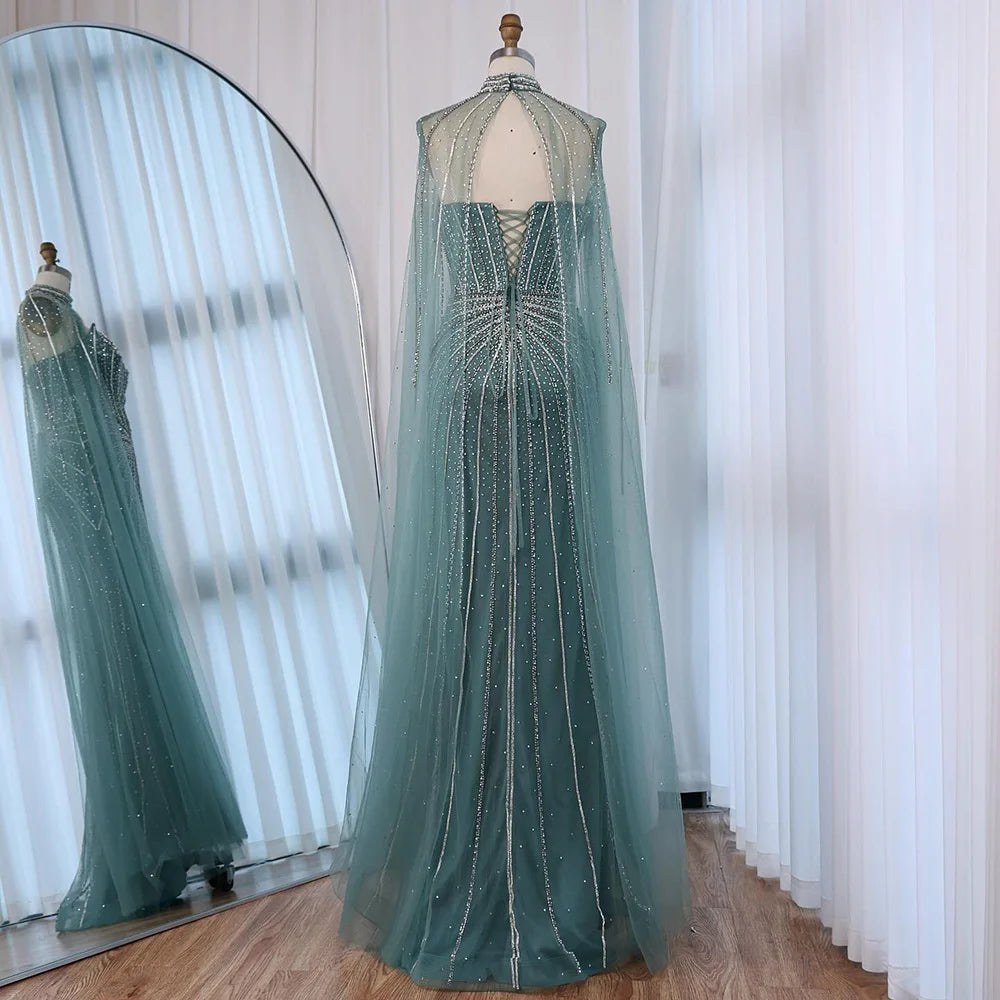 SERENE HILL Customized Arabic Red Luxury Beaded Mermaid Evening Dress 2026 Strapless With Cape Women Party Gown CLA72811A