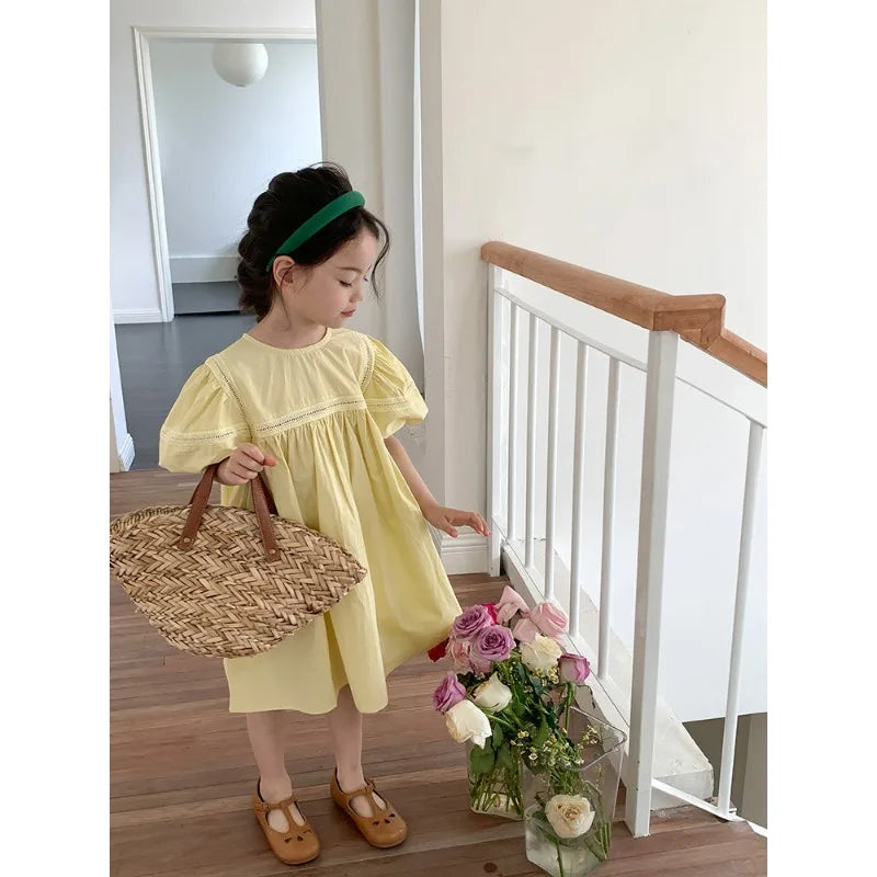 Kids Babys Girls Dress Summer New Vacation Bubble Short Sleeve Little Girls Dress French Solid Thin Belle Girls Princess Dresses
