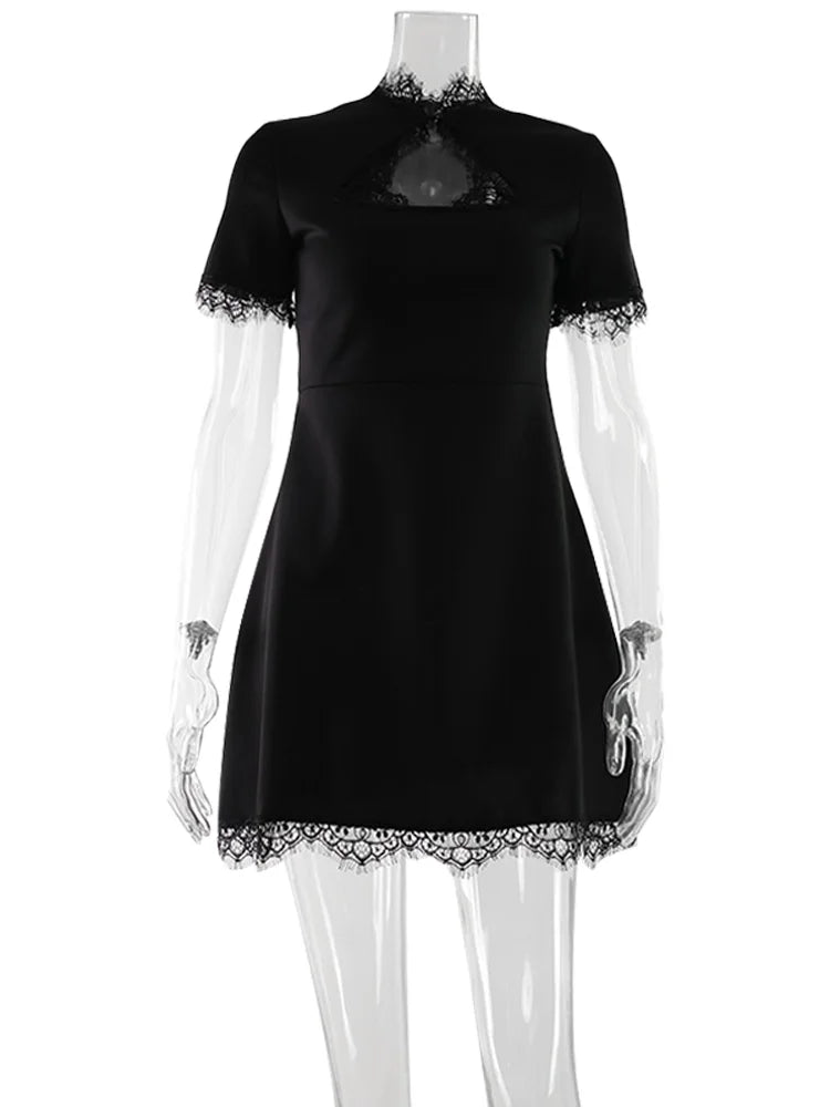 Lace Patchwork Hollow Out Bodycon Sheath High Collar Women Dresses Half Sleeves Outfits Sexy Club Fashion Female Mini Vestidos