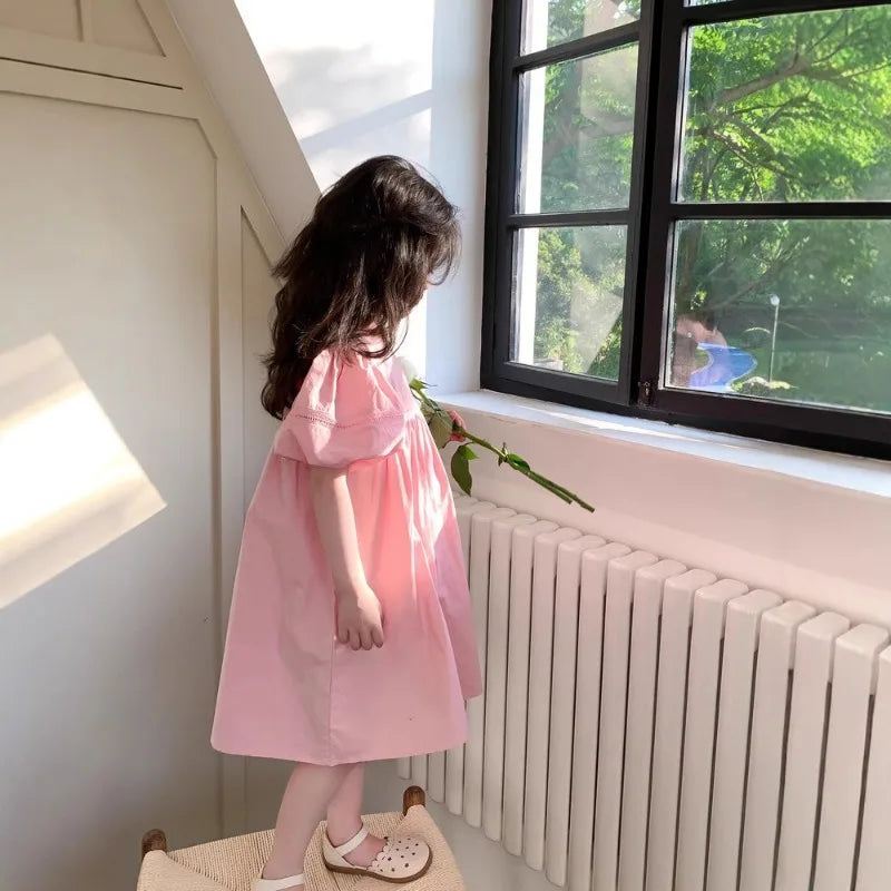 Kids Babys Girls Dress Summer New Vacation Bubble Short Sleeve Little Girls Dress French Solid Thin Belle Girls Princess Dresses