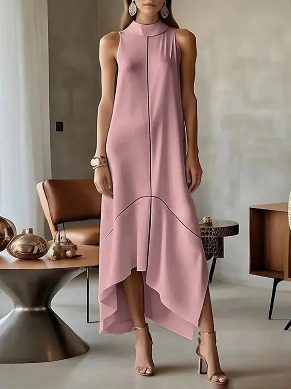UOOZEE 2025 New Urban Female Office Formal High Neck Maxi Dresses Sleeveless Asymmetrical Elegant Party Prom A-line Dress