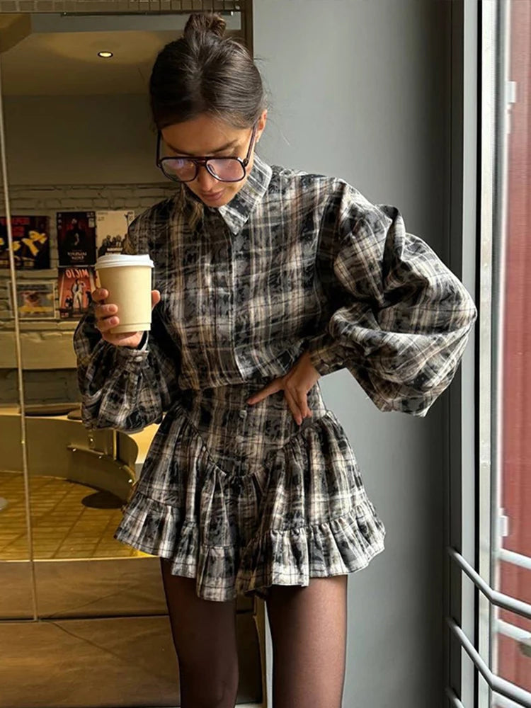 Casual Retro Plaid Women's Dresses Puff Sleeve Turndown Collar Ruffly Short Dresses Women New Fashion Vintage Loose Dress