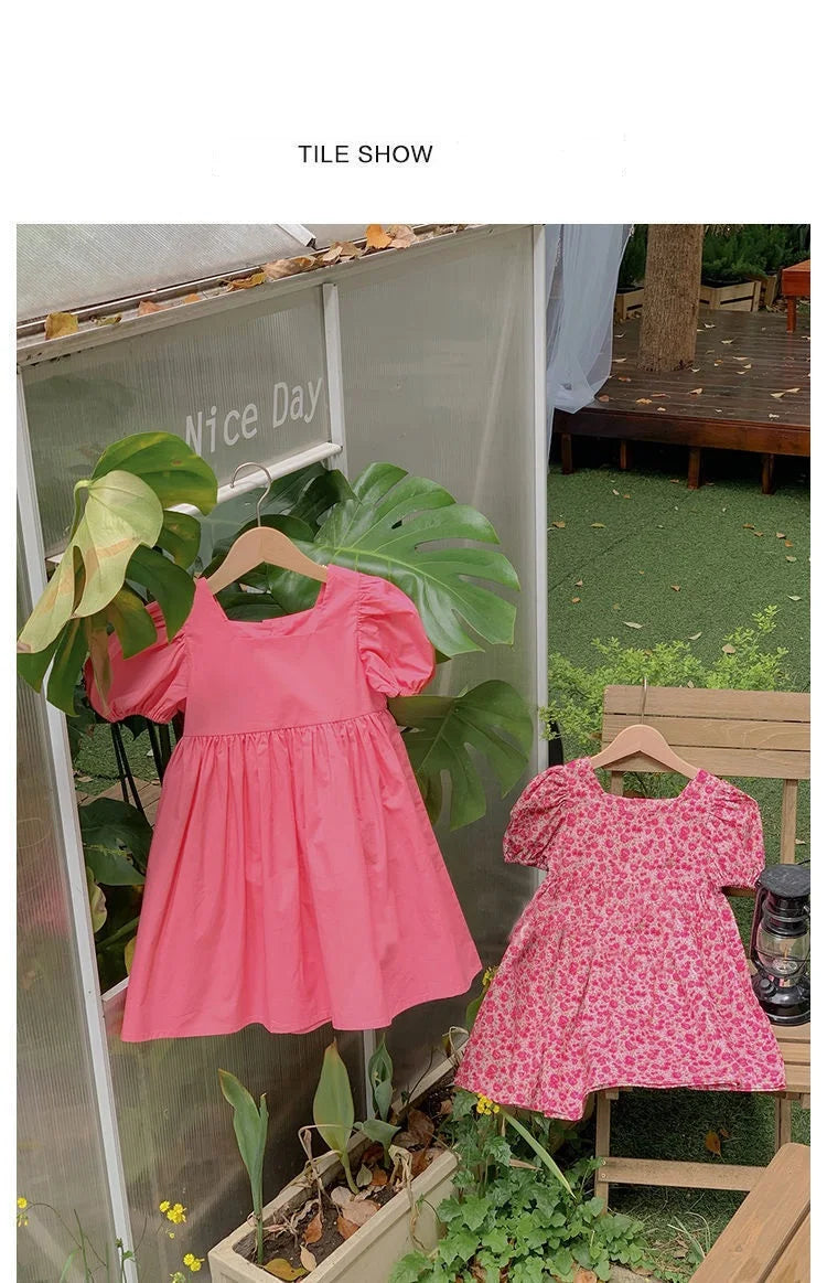 Summer Baby Girls Cotton All-Over Printed Puff Sleeves Button Back Long Dresses Kids Outfit Children Sweet Vacation Skirt 2-8 Yr