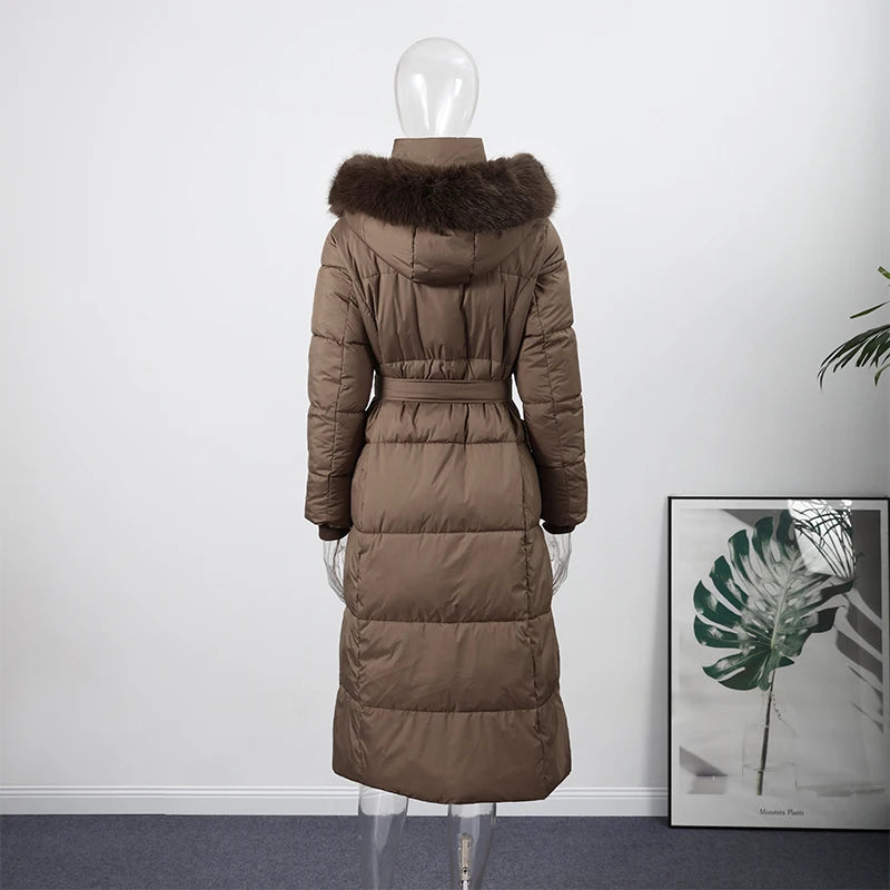 Elegant Fur Collar Hood Belt Long Cotton Jacket Women Zipper Drawstring Waist Parka Down Coat 2025 Winter Lady Warm Chic Outwear