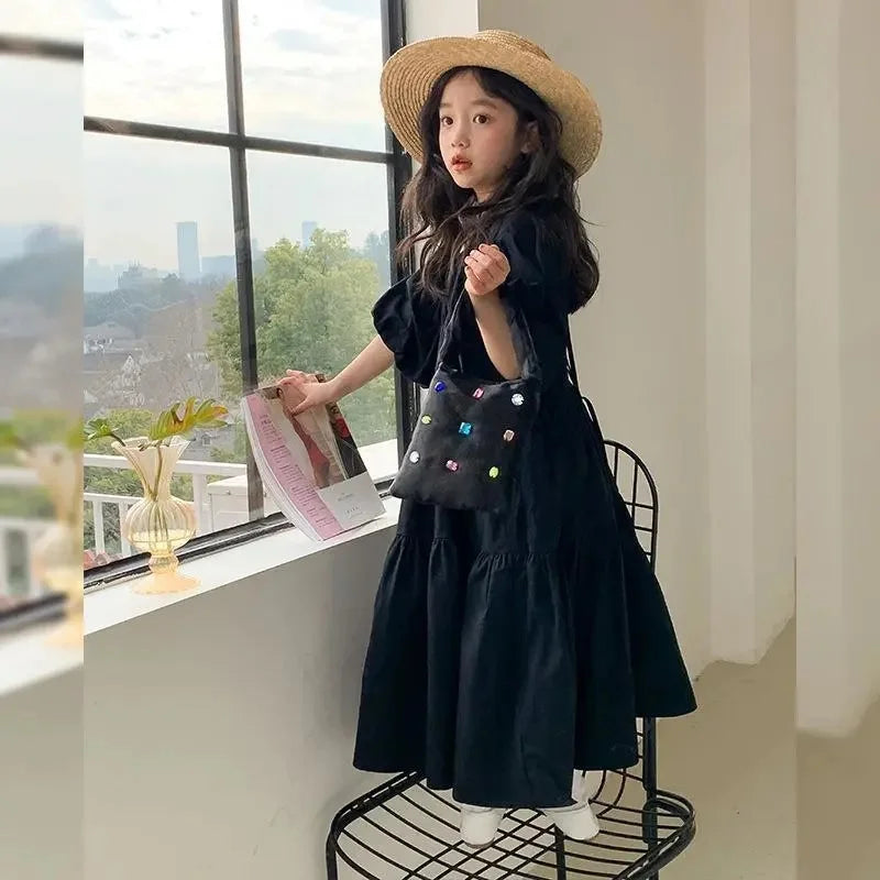 Girl Puff Sleeve Dresses 2024 Princess Cute Puffy Skirt Children Summer Birthday Gown Kids Casual Clothes Teens Fashion Vestidos