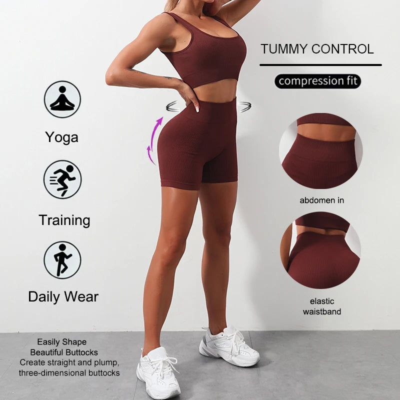 WAREBALL Fashion Sport Wear Gameset Yoga Seamless High Stretch Sports Bra With Biker Shorts Set Casual Workout Women Set
