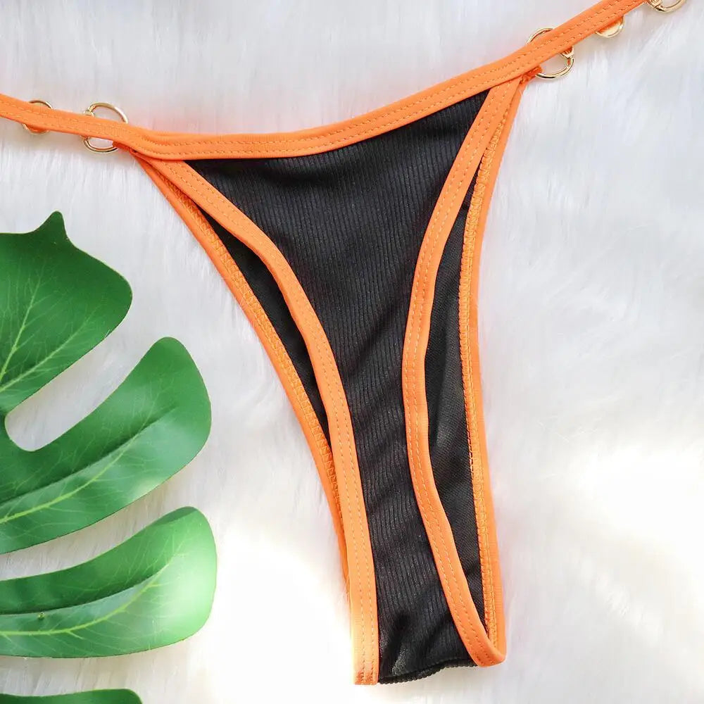 Push Up Micro Bikini Luxury Ribbed Orange Patchwork Ring Pearl Designer Swimsuit Bathing Suit Triangle Swimwear Traje De Baño