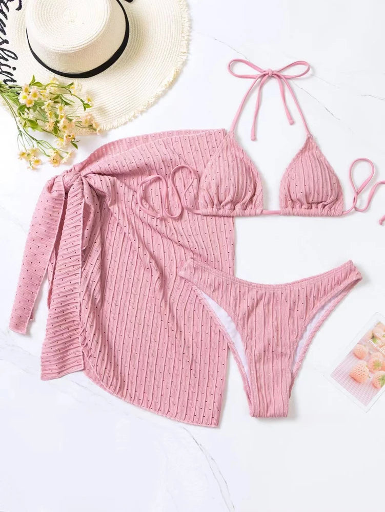 2025 Summer Halter Bikini 3 Pieces Women Special Material Sexy Thong Swimwear With Sarong Skirt White/Black/Pink/Green Beachwear
