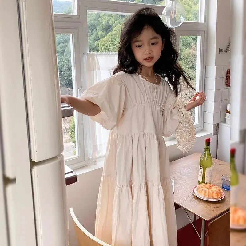 Girl Puff Sleeve Dresses 2024 Princess Cute Puffy Skirt Children Summer Birthday Gown Kids Casual Clothes Teens Fashion Vestidos