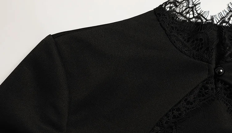 Lace Patchwork Hollow Out Bodycon Sheath High Collar Women Dresses Half Sleeves Outfits Sexy Club Fashion Female Mini Vestidos