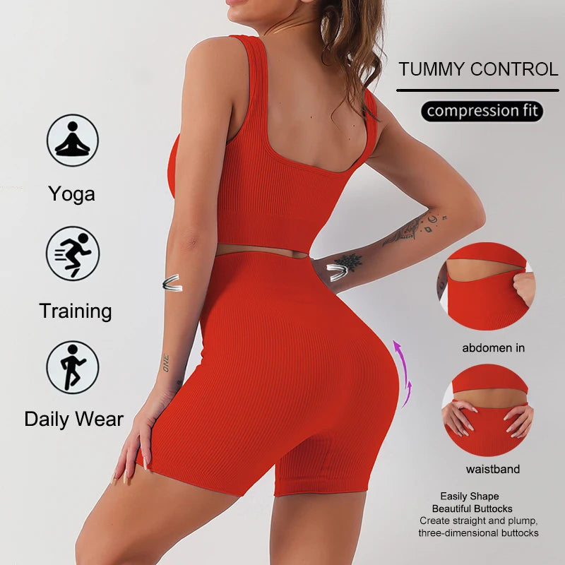 WAREBALL Fashion Sport Wear Gameset Yoga Seamless High Stretch Sports Bra With Biker Shorts Set Casual Workout Women Set