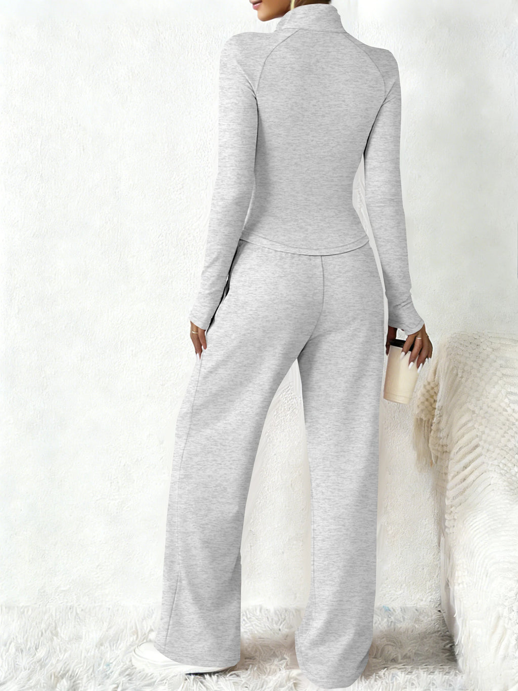 Women's Casual Sportswear Tracksuit Spring Autumn Zip-Up Stand Collar Slim Top High Waist Wide Leg Pants 2-Piece Set