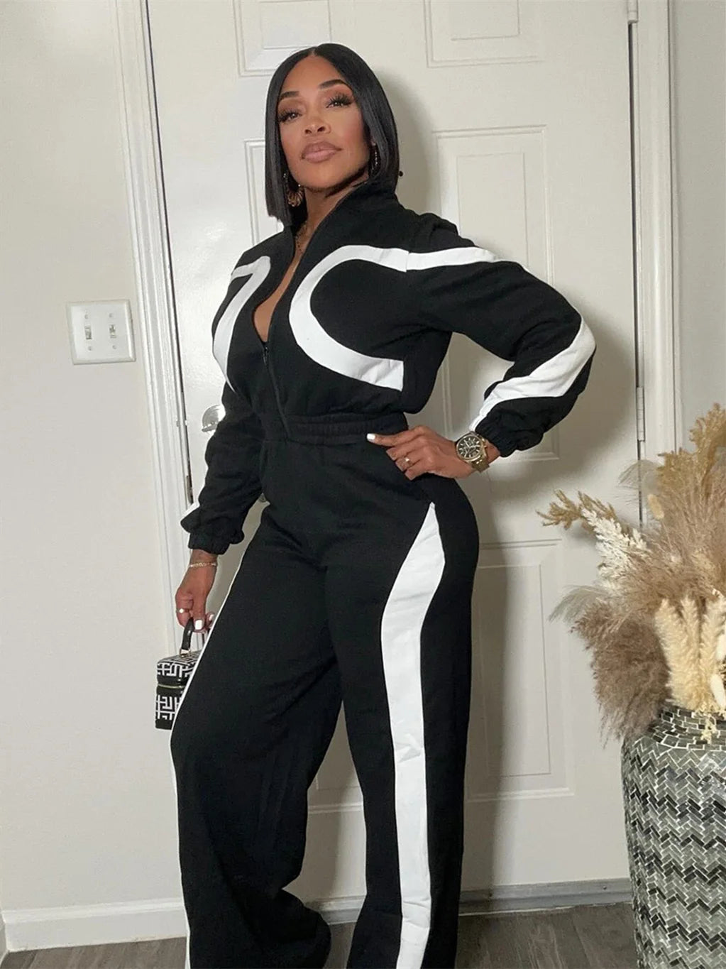 Weird Puss Sporty Patchwork Jumpsuit Women Casual Lapel Spring Ternd Full Sleeve Zip Stretch Hipster Streetwear Straight Overall
