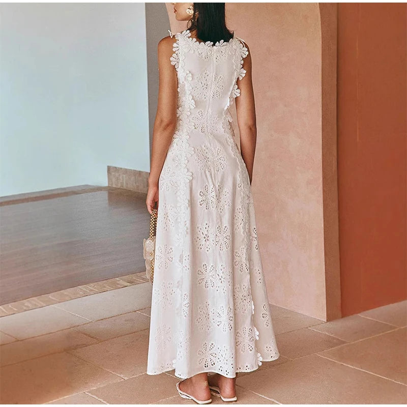 Embroidery Flower Patchwork Long Dress For Women Round Neck Sleeveless Lace Up High Waist Spliced Slim Dresses 2026 Summer New