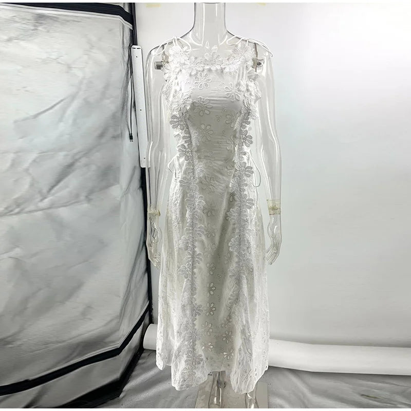 Embroidery Flower Patchwork Long Dress For Women Round Neck Sleeveless Lace Up High Waist Spliced Slim Dresses 2026 Summer New