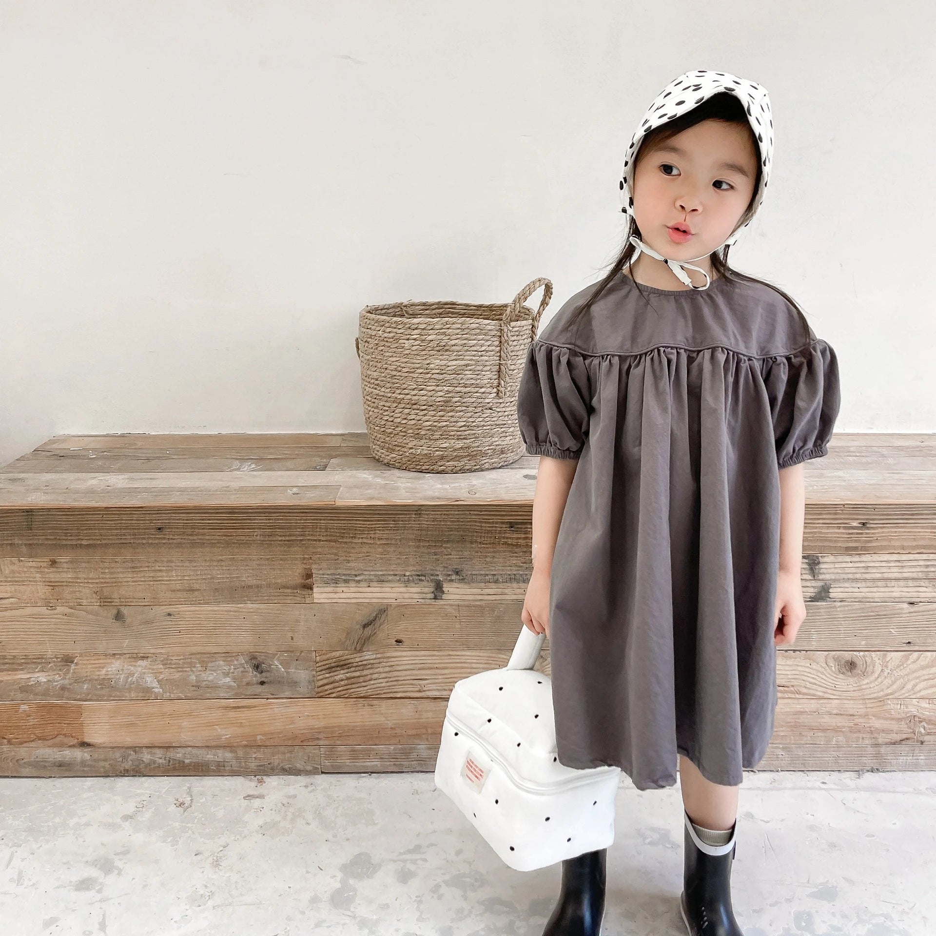 Summer Girls Puff Sleeve Dress - Soft Cotton Round Neck Cottagecore Minimalist Spring Summer Dress Kids Dresses for Girls