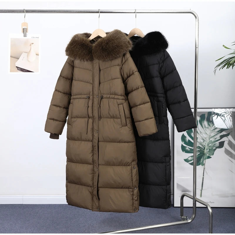 Elegant Fur Collar Hood Belt Long Cotton Jacket Women Zipper Drawstring Waist Parka Down Coat 2025 Winter Lady Warm Chic Outwear