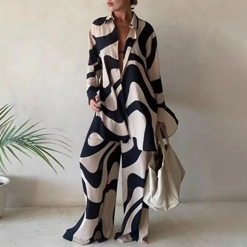 Women's Fashion Printed Long Sleeve Shirt And Straight Leg Pants Set European American Style Loose Fit Clothing Outfit
