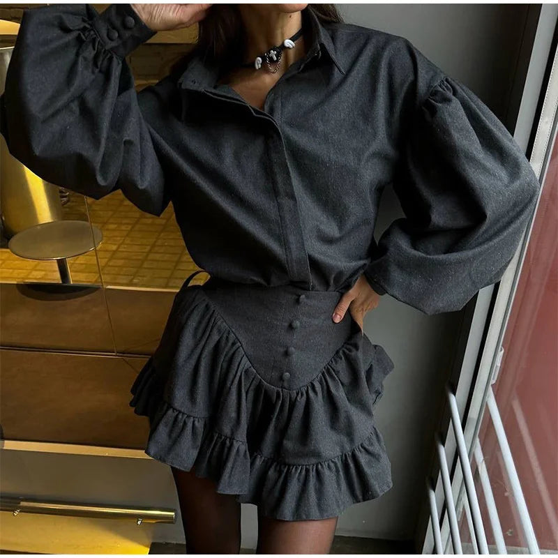 Casual Retro Plaid Women's Dresses Puff Sleeve Turndown Collar Ruffly Short Dresses Women New Fashion Vintage Loose Dress