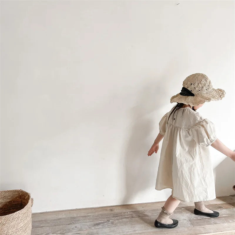 Summer Girls Puff Sleeve Dress - Soft Cotton Round Neck Cottagecore Minimalist Spring Summer Dress Kids Dresses for Girls