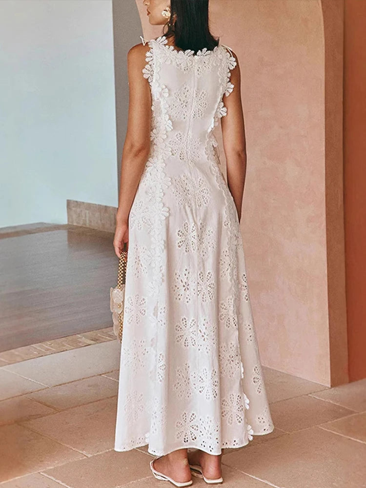 Embroidery Flower Patchwork Long Dress For Women Round Neck Sleeveless Lace Up High Waist Spliced Slim Dresses 2026 Summer New