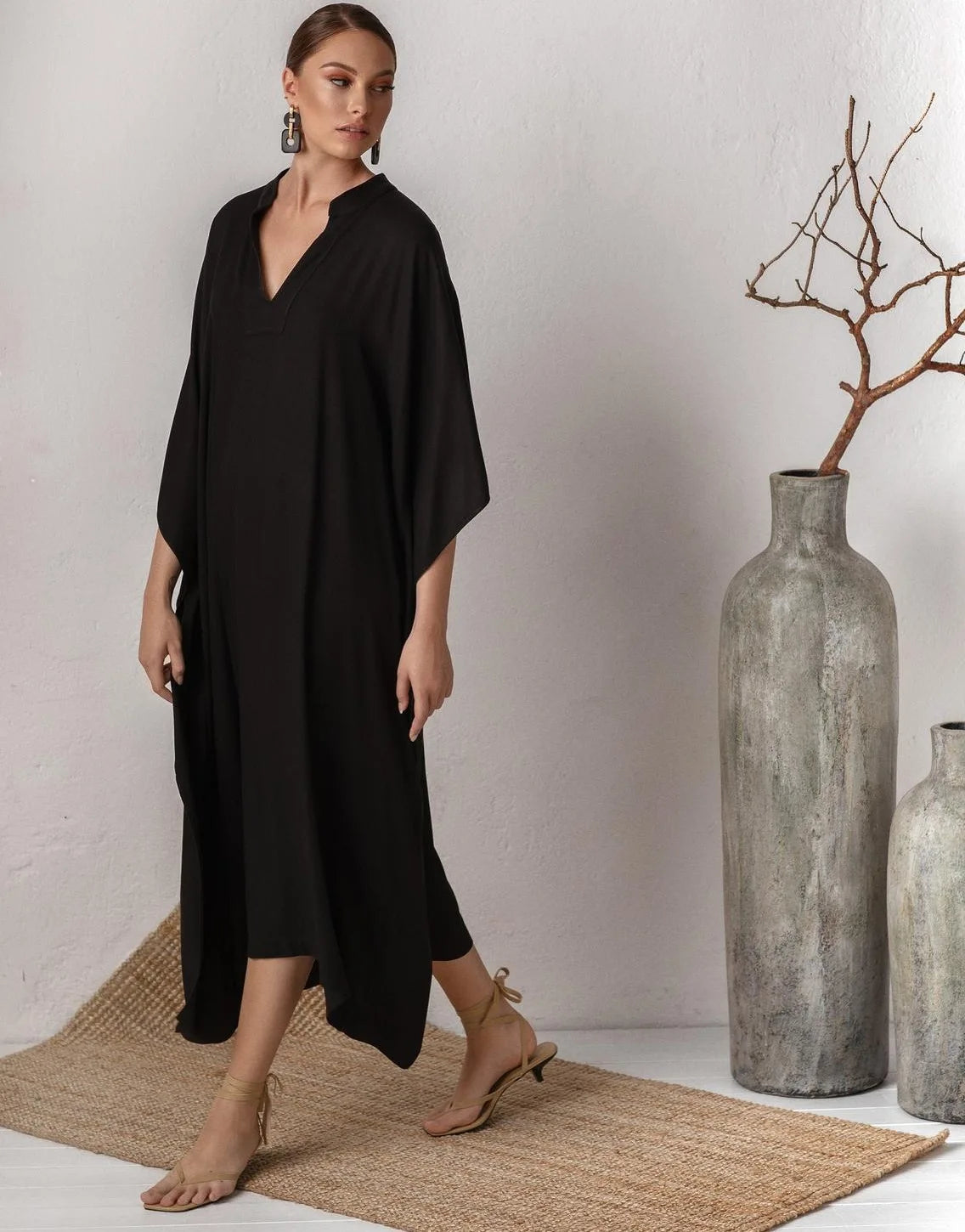 Swimsuit Cover Up Women Kaftan Beach Tunic Solid V Neck Elegant Summer Long Dress Loose Beachwear Bathing Suit Swimwear
