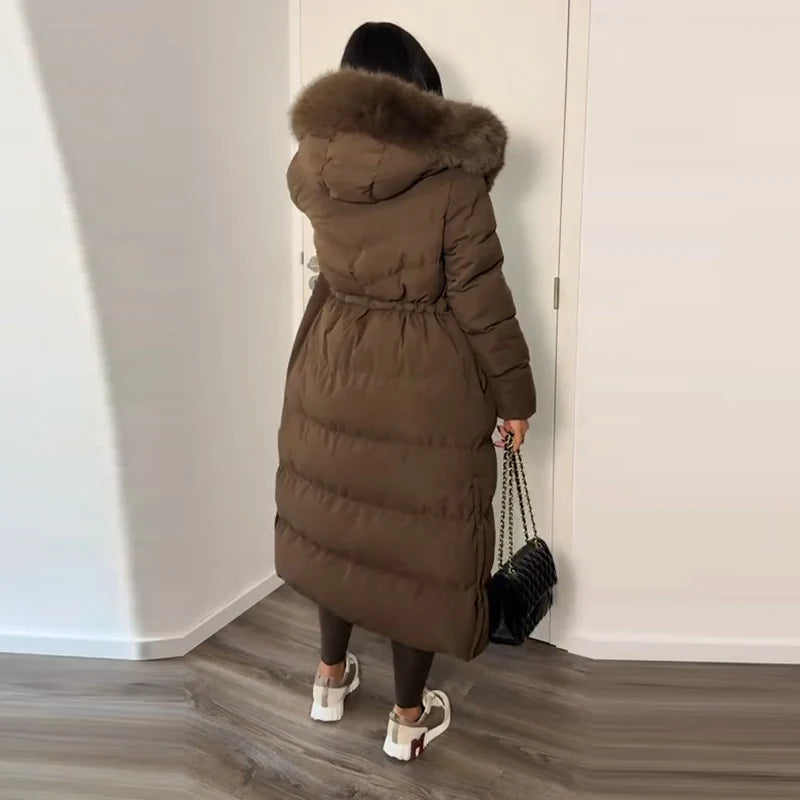 Elegant Fur Collar Hood Belt Long Cotton Jacket Women Zipper Drawstring Waist Parka Down Coat 2025 Winter Lady Warm Chic Outwear