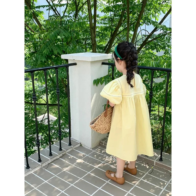 Kids Babys Girls Dress Summer New Vacation Bubble Short Sleeve Little Girls Dress French Solid Thin Belle Girls Princess Dresses