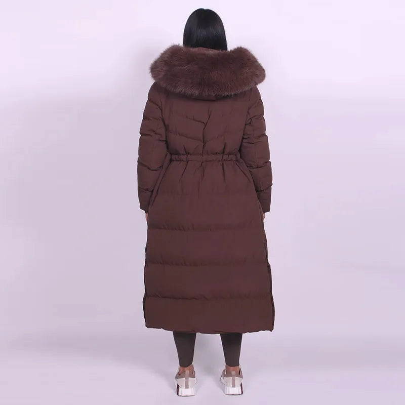 Elegant Fur Collar Hood Belt Long Cotton Jacket Women Zipper Drawstring Waist Parka Down Coat 2025 Winter Lady Warm Chic Outwear