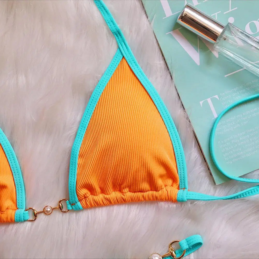 Push Up Micro Bikini Luxury Ribbed Orange Patchwork Ring Pearl Designer Swimsuit Bathing Suit Triangle Swimwear Traje De Baño