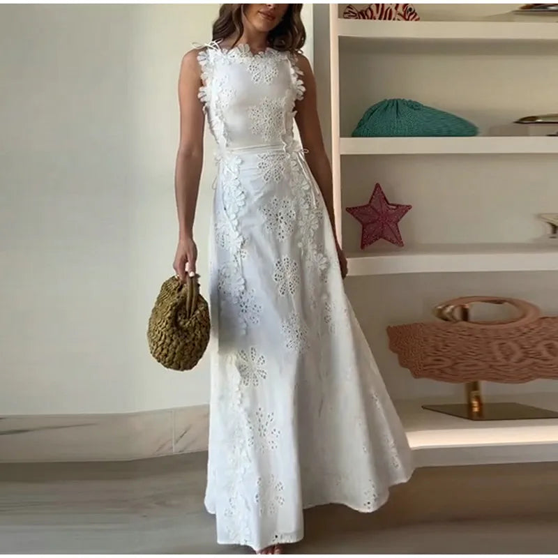 Embroidery Flower Patchwork Long Dress For Women Round Neck Sleeveless Lace Up High Waist Spliced Slim Dresses 2026 Summer New