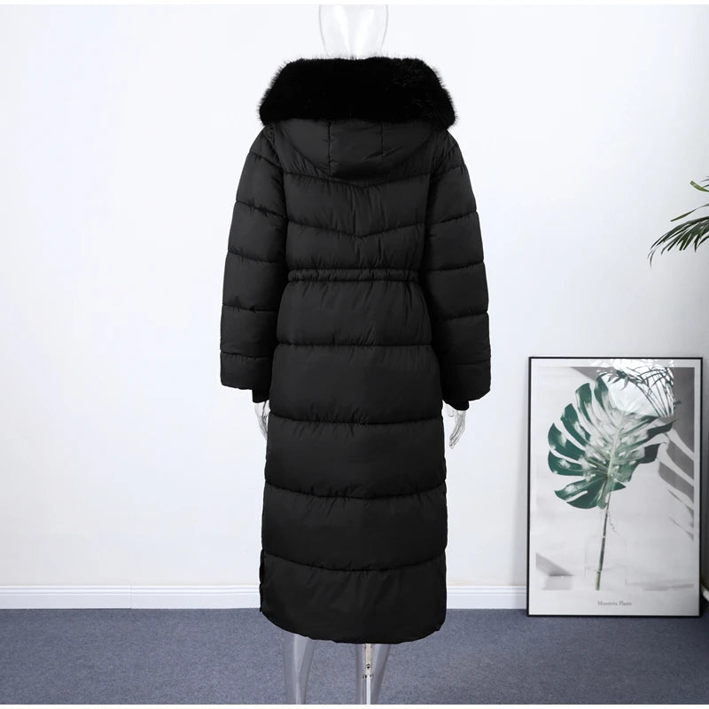 Elegant Fur Collar Hood Belt Long Cotton Jacket Women Zipper Drawstring Waist Parka Down Coat 2025 Winter Lady Warm Chic Outwear
