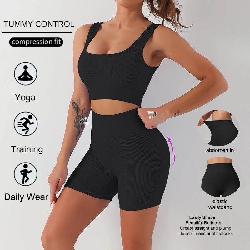 WAREBALL Fashion Sport Wear Gameset Yoga Seamless High Stretch Sports Bra With Biker Shorts Set Casual Workout Women Set