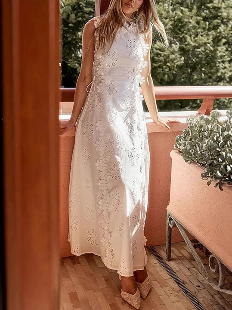 Embroidery Flower Patchwork Long Dress For Women Round Neck Sleeveless Lace Up High Waist Spliced Slim Dresses 2026 Summer New