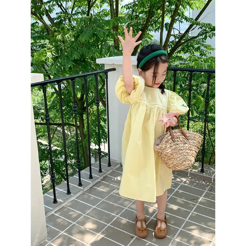 Kids Babys Girls Dress Summer New Vacation Bubble Short Sleeve Little Girls Dress French Solid Thin Belle Girls Princess Dresses