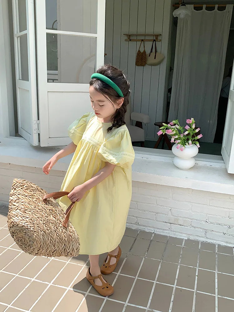 Girls Dress Holiday Style Sweet Bubble Sleeve 2-8Years Old Yellow Pink Knee-length Children's Clothing Princess Dresses