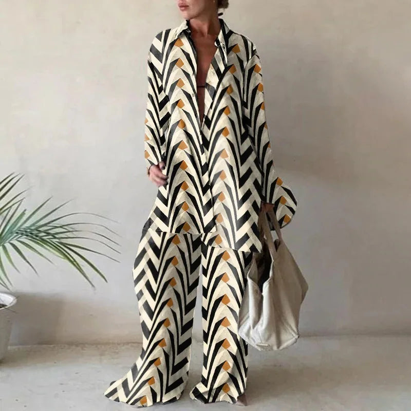 Women's Fashion Printed Long Sleeve Shirt And Straight Leg Pants Set European American Style Loose Fit Clothing Outfit