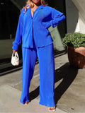 QFAF Fashion Pleated Women's Set Long Sleeve Oversized Shirt and Wide Leg Pants 2023 Elegant Tracksuit Two 2 Piece Set Outfits