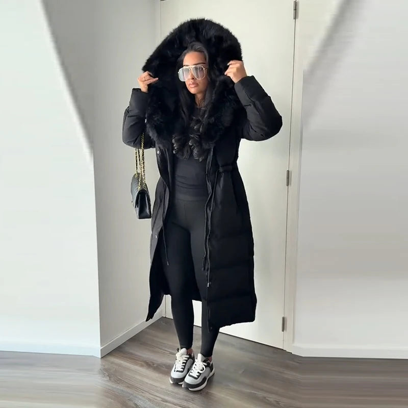 Elegant Fur Collar Hood Belt Long Cotton Jacket Women Zipper Drawstring Waist Parka Down Coat 2025 Winter Lady Warm Chic Outwear