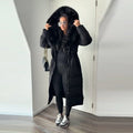 Elegant Fur Collar Hood Belt Long Cotton Jacket Women Zipper Drawstring Waist Parka Down Coat 2025 Winter Lady Warm Chic Outwear
