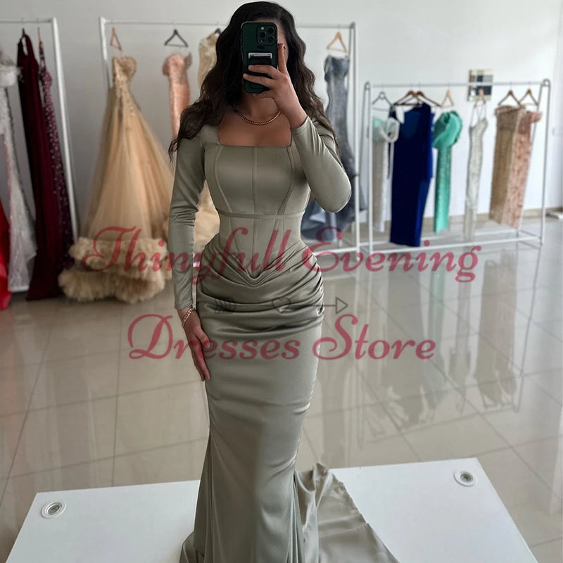 Thinyfull Women Mermaid Prom Evening Dresses Saudi Arabia Long Sleeve Party Dress Formal Night Cocktail Prom Gowns Plus Size