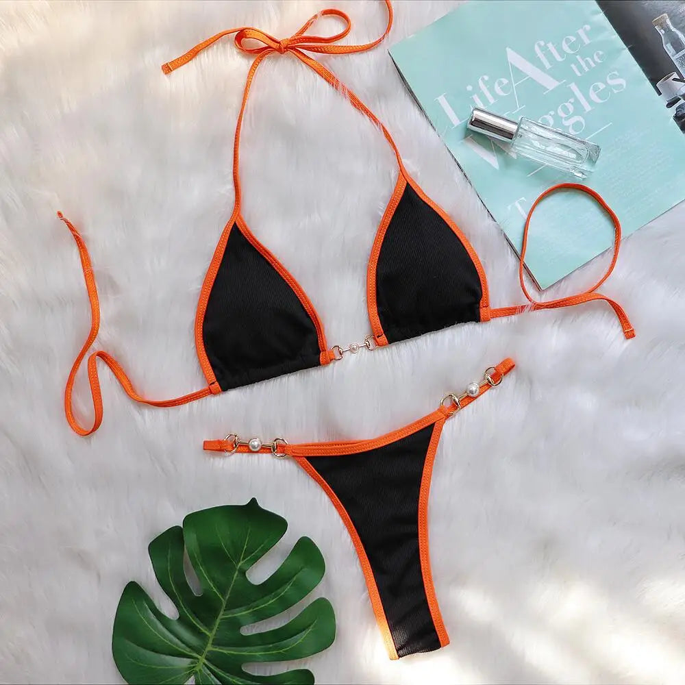 Push Up Micro Bikini Luxury Ribbed Orange Patchwork Ring Pearl Designer Swimsuit Bathing Suit Triangle Swimwear Traje De Baño