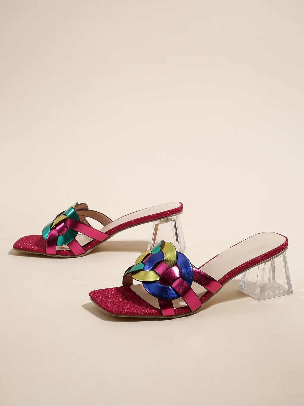 Summer Sandals for Women 2026 New Style Square Toe Mid-Heel Transparent Heel Strappy Woven Shoes