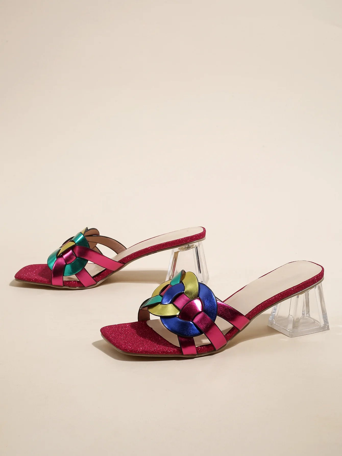 Summer Sandals for Women 2026 New Style Square Toe Mid-Heel Transparent Heel Strappy Woven Shoes