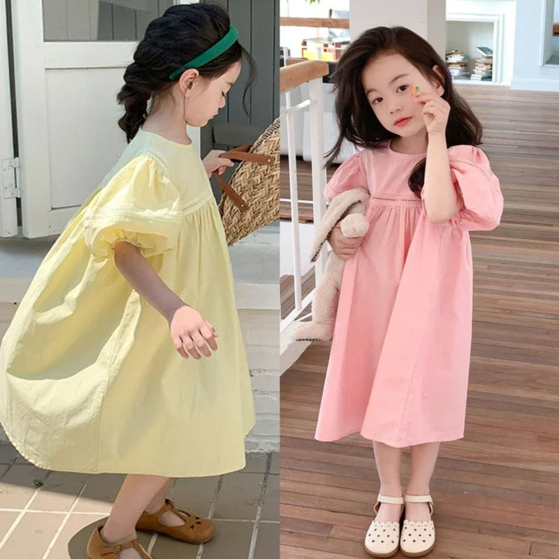 Girls Dress Holiday Style Sweet Bubble Sleeve 2-8Years Old Yellow Pink Knee-length Children's Clothing Princess Dresses