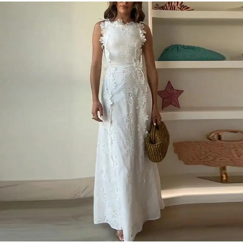 Embroidery Flower Patchwork Long Dress For Women Round Neck Sleeveless Lace Up High Waist Spliced Slim Dresses 2026 Summer New