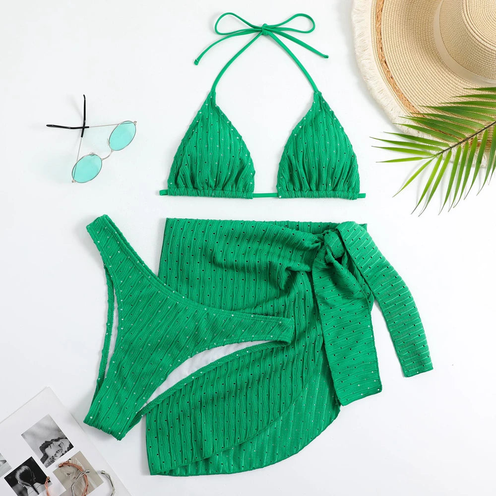 2025 Summer Halter Bikini 3 Pieces Women Special Material Sexy Thong Swimwear With Sarong Skirt White/Black/Pink/Green Beachwear
